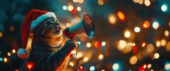 Festive cat with megaphone and colorful lights