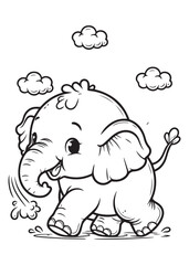Elephant run with cloud sky kid coloring page 
