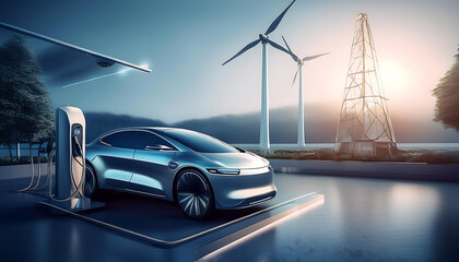turbine on the road with electric car charging