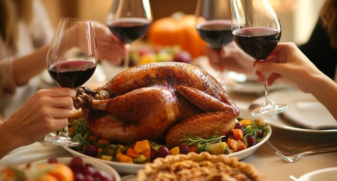 Four hands with glasses of red wine toasting a turkey at the Thanksgiving table - Powered by Adobe