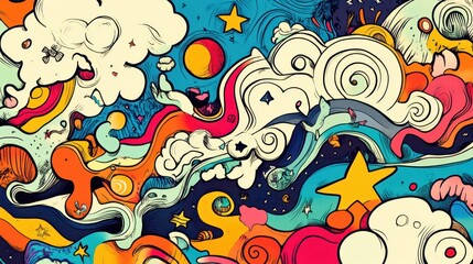 Obraz premium The artwork displays a lively composition of colorful swirls, engaging shapes, and dreamy elements in a vibrant abstract style