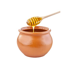 Honey Dripping from a Wooden Dipper into a Clay Pot