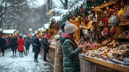 Festive christmas market scene with snow and decorations.