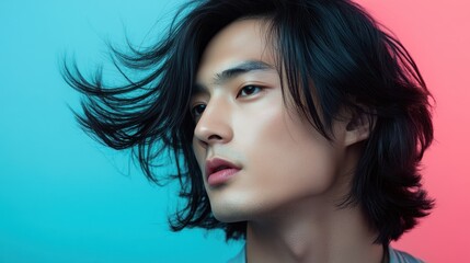 Naklejka premium Close-up Portrait of a Young Man with Windblown Black Hair