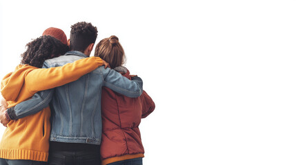 Fototapeta premium Group of four friends with their backs to each other hugging. Copy space