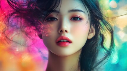 Fototapeta premium Portrait of a Woman with Long Black Hair and Colorful Lights