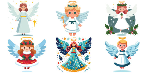 Fototapeta premium Cute Christmas angels in various poses, cartoon style, festive colors, holiday illustration, greetings