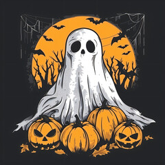Creepy halloween ghost with pumpkins and bats
