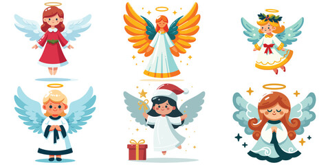 Fototapeta premium Illustration of cute angels in green, red, and white outfits, vector art, perfect for Christmas cards