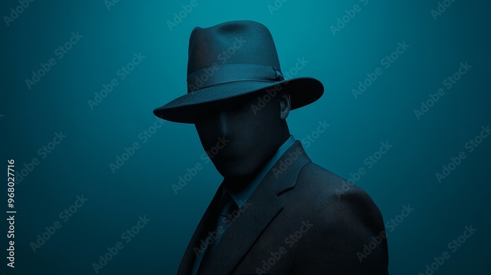 Wall mural A man in a hat and suit is standing in front of a blue background