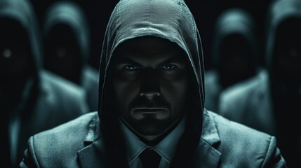 A man in a hoodie and suit is standing in front of a group of people