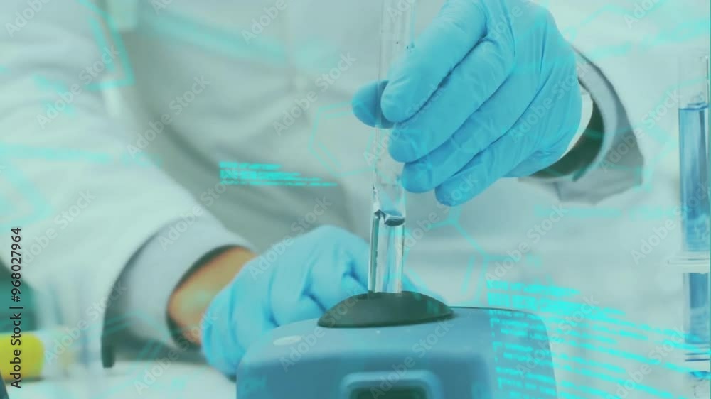 Poster animation of data procesing over caucasian scientist doing experiments