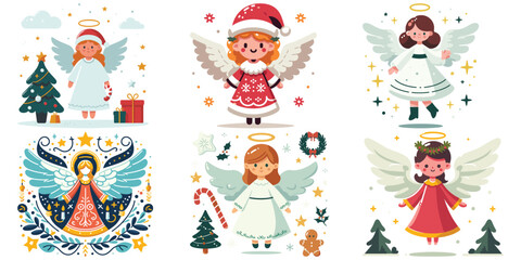 Fototapeta premium Christmas angels with joyful mood in festive outfits, vector illustration, holiday decorations