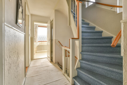 Bright home interior with carpeted staircase and hallway