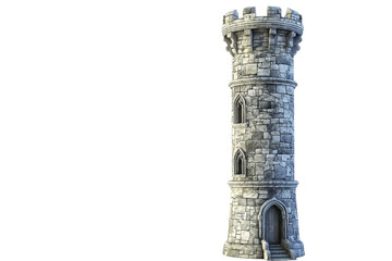 A majestic medieval stone tower with crenellations and an arched entrance, isolated on a transparent background.
