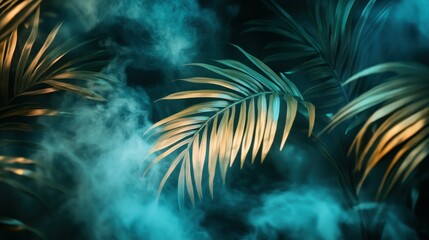Fototapeta premium Golden Palm Fronds Emerging from Misty Teal Background