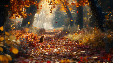 Enchanting Autumn Forest Scene with a Blanket of Fallen Leaves and a Squirrel Gathering Acorns in Soft Golden Light