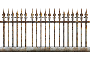 A rustic iron fence with vertical bars and decorative spikes, offering both security and an aesthetic appeal for homes and gardens.