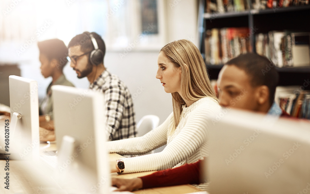 Aufkleber girl, computer and students learning at library for education, knowledge or test preparation in coll