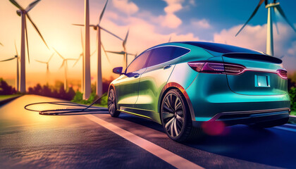 Obraz premium turbine on the road with electric car charging