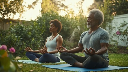Two people practice mindfulness and yoga in a serene garden during the late afternoon, surrounded by blooming flowers