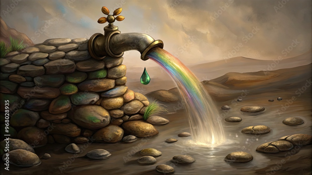 Wall mural A whimsical scene of a faucet pouring a rainbow onto pebbles.