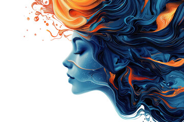 A vibrant abstract digital painting of a woman's face with flowing hair, featuring radiant colors and intricate details.