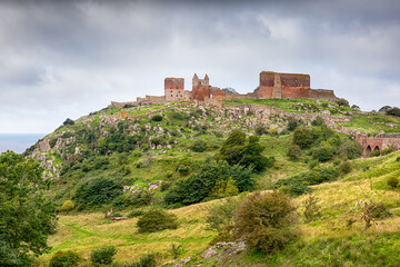 Landscape with Hammershus castle ruins on the island Bornholm in Denmark.