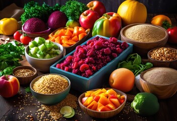 colorful meal prep display featuring fresh bright lively ingredients healthy eating, vegetables, fruits, cooking, nutrition, freshness, preparation, gourmet