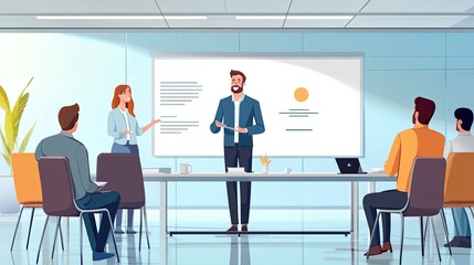 portrait a business leader presents their vision statement to the team in modern meeting room