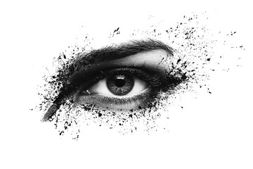 Abstract artistic rendering of a single eye, blending into the background with a particle dispersion effect, evoking mystery and creativity.