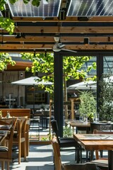 Fototapeta premium Modern Sustainable Restaurant with Solar Panels Providing Renewable Energy and Eco-Friendly Design