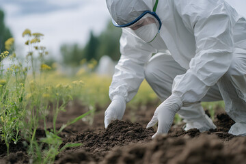 Close-Up of Worker in Protective Coveralls and Mask Collecting Mud for Testing, Safety Measures and Environmental Analysis