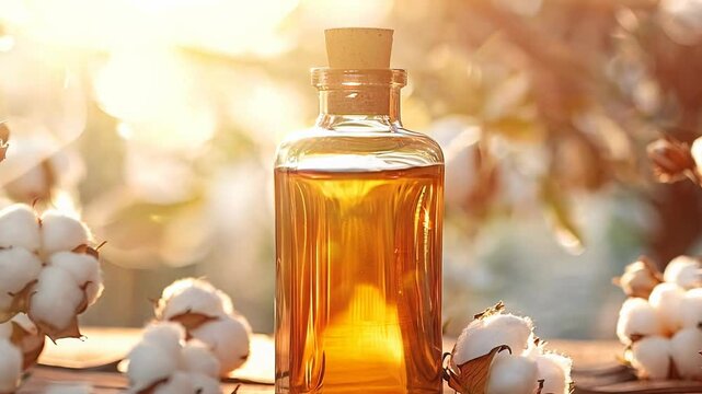 A bottle of cottonseed oil sits on a table with cotton plants in the background.