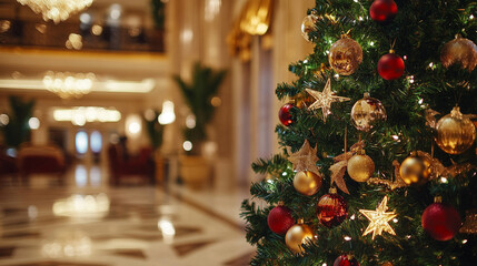 Christmas tree with elegant ornaments and twinkling lights in luxurious lobby with blur background