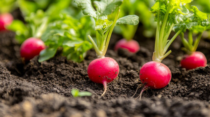 Radishes, freshly picked, sitting on the garden soil.