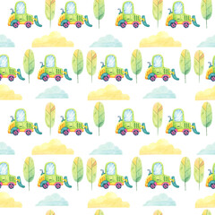 Green trucks in cartoon style with blue windows, tall green trees, yellow clouds. Seamless pattern, watercolor clipart. Perfect for wrapping paper, kids apparel, and scrapbook projects