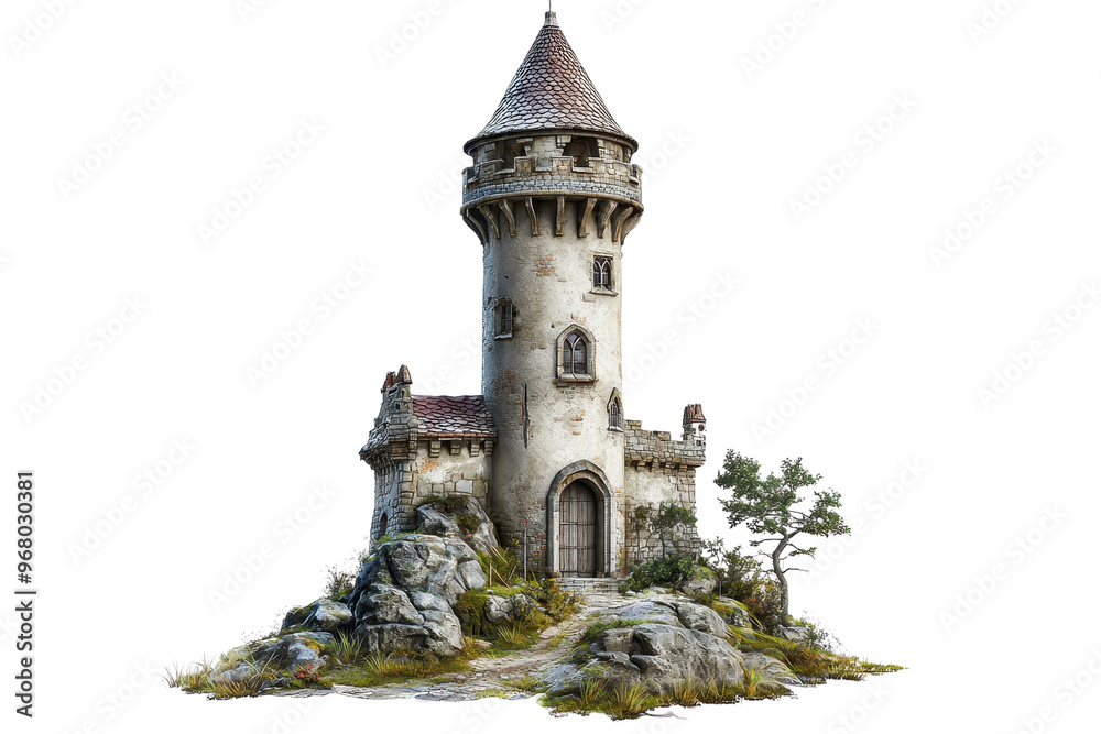 Wall mural ancient stone castle tower with red roof nestled among rocky terrain, surrounded by greenery under a