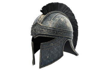 Ancient Roman helmet with intricate designs and a crest. Historical artifact representing Roman military armor. Ideal for educational or historical visuals.