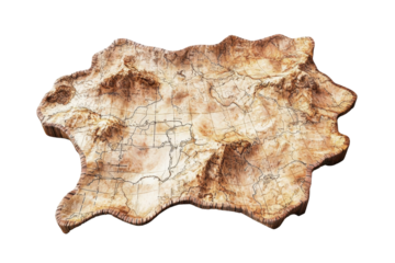 Ancient parchment map with detailed geographical features and terrain, representing an old, historical navigation or adventure tool.