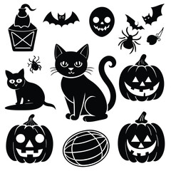 Obraz premium Set of Halloween clipart with black cats, carved pumpkins, and spiders