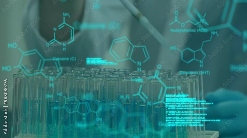 Poster animation of data processing and chemical formula over caucasian scientist doing experiment