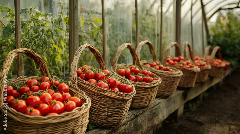 Wall mural ripe tomatoes are ready to be picked from the garden, sitting in baskets near the greenhouse.