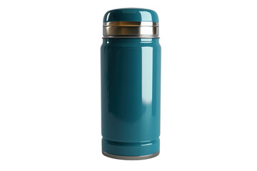 Blue insulated thermos on transparent background. Perfect for hot and cold beverages, travel, and camping. Durable and sleek design.