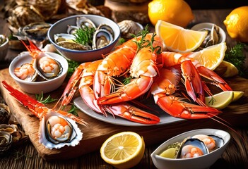 vibrant seafood variety displayed beautifully natural wood backdrop rich colors fresh ingredients, shellfish, fish, shrimp, lobster, crab, squid, oysters