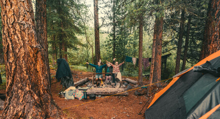 family on the wild camping in trekking trip