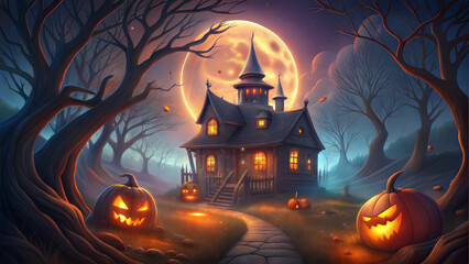 Spooky Halloween scene with haunted house, carved pumpkins, and full moon at night