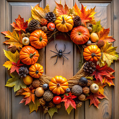 Autumn-themed Halloween wreath with pumpkins, leaves, and spider on wooden door

