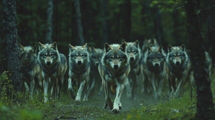 Wolves leading their pack through the forest, with the alpha wolf managing the transport of the group efficiently
