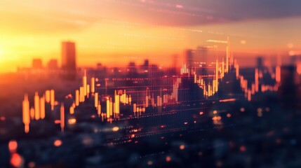 Fototapeta premium Financial Stock Market Chart with City Skyline at Sunset, Data Analysis and Investment Concept